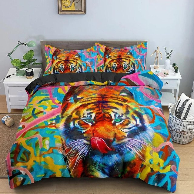 3D Tiger Bettwäsche-Set mit Bettbezug und Kissenbezug aus Mikrofaser, Mehrfarbig, B/H: 228 x 228 cm - Bild 1