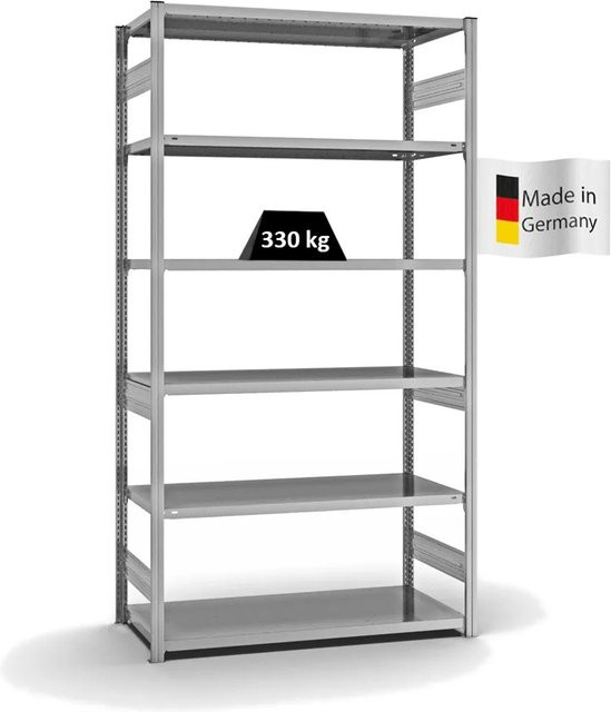 PROREGAL Fachbodenregal Stecksystem T-Profil Heavy-Duty Grundregal, verzinkt, Farbe: Silber, H x B x T: 250 x 130 x 60 cm, 6 Ebenen, beidseitig nutzbar - Bild 1