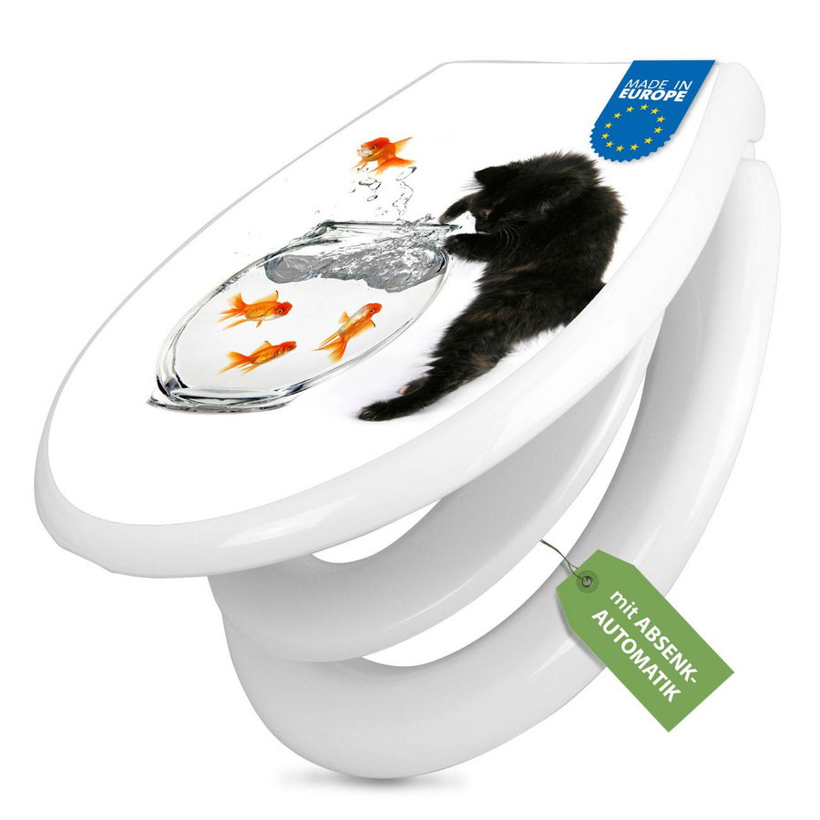 banjado Klobrille mit Absenkautomatik und Kindersitz in Weiss mit Katzen- und Fischmotiv - Bild 1