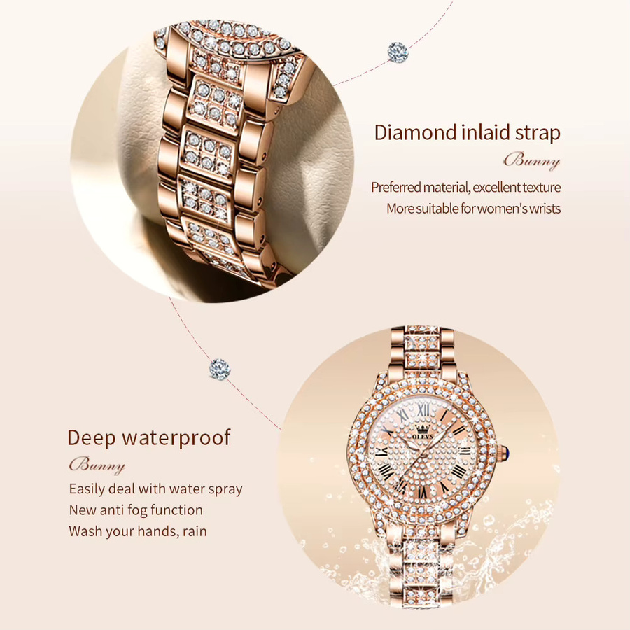 OLEVS Armbanduhr, Diamantbesetzt, Quarz, Roségold, Edelstahl, Damen - Bild 4