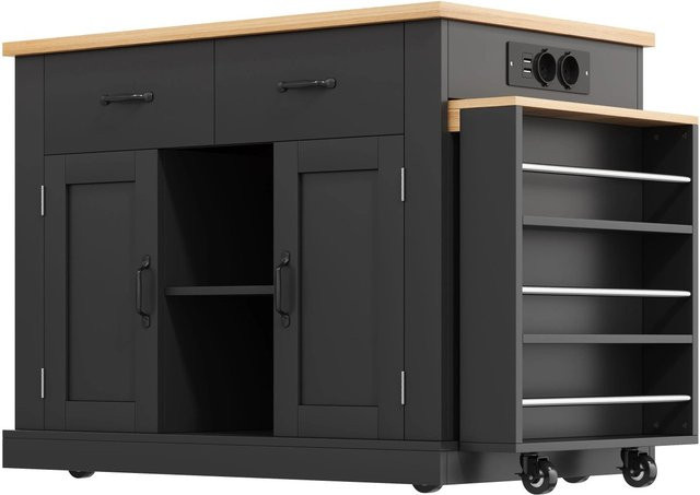 okwish Kücheninsel mit ausziehbarem Esstisch und Rollbaren Regalen, Schwarz, B/T/H: 132 x 60 x 93 cm - Bild 1
