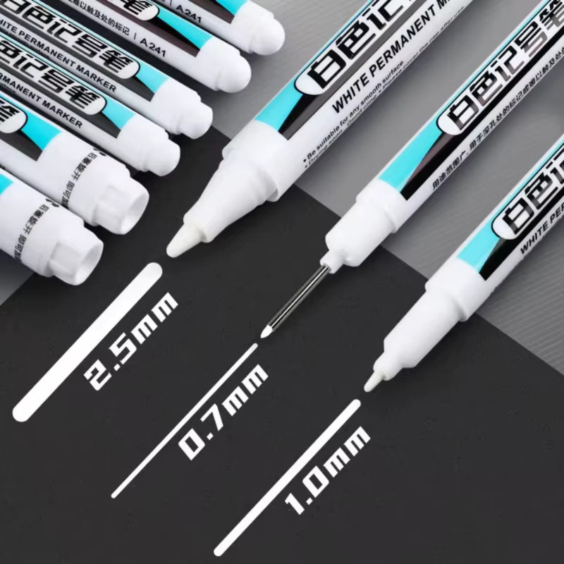 Weiße Permanentmarker Set mit Strichstärken 0,7 mm, 1,0 mm und 2,5 mm für Holz, Kunststoff, Leder, Glas, Stein und Metall - Bild 2