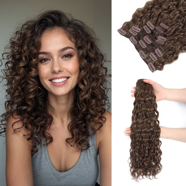 GAEINO Clip-in Haarverlängerungen Wasserwelle, Braun, 7 Stück, 120g, Damen - Bild 1