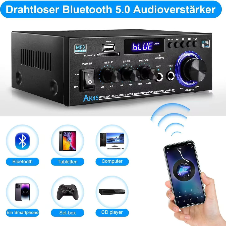 Kebidumei AK45 Digitaler Bluetooth HiFi Audioverstärker 2.0-Kanal Stereo Heimkino AMP in Schwarz - Bild 3