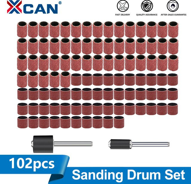 XCAN Schleiftrommel-Set mit 102 Stück und Körnung 80, Schleifbänder mit 3,175 mm Schaftdornen für Dremel-Zubehör und Drehwerkzeuge - Bild 1