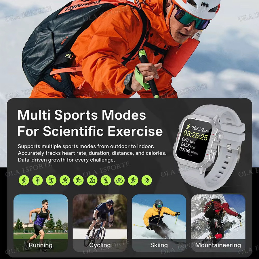 Ola Esporte Militär-Smartwatch für Herren mit 2,01 Zoll HD-Touchscreen, Bluetooth-Anruffunktion und LED-Taschenlampe in Schwarz oder Silber - Bild 4
