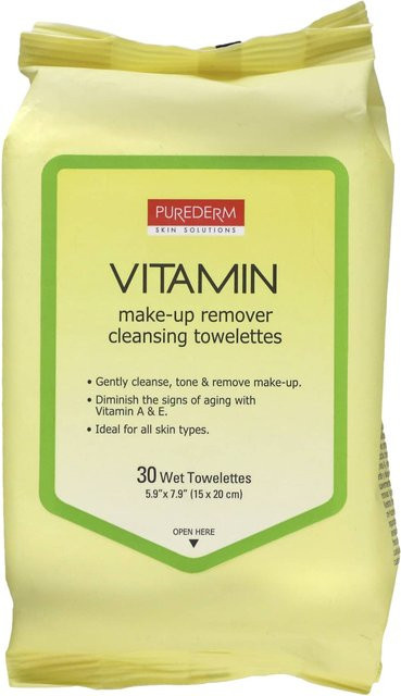 Purederm Make-up-Entferner Reinigungstücher, Vitamin A, Vitamin E, Aloe Vera, 30 Stück - Bild 1