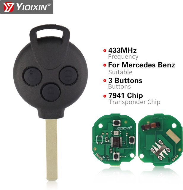 YIQIXIN Smart Key Fernbedienung mit 3 Tasten für Mercedes-Benz und Smart Fortwo 451 (2007-2013), 433 MHz, 7941 Chip, Keyless Entry Sender, Schwarz - Bild 1
