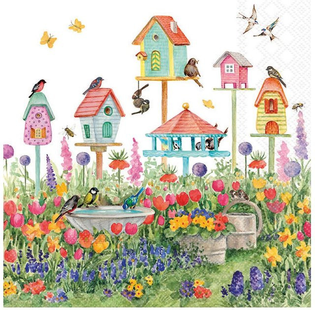 Serviette Vogelhäuser im Garten aus Papier, B/B/B: 33,0 x 33,0 x 33,0 cm - Bild 1