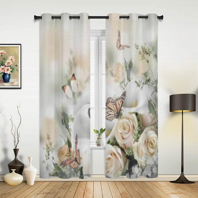 Moderne Fenstervorhänge von Super Six mit gelben Rosen und Schmetterlingen in Grau, Breite: 135 cm, Höhe: 60 cm - Bild 1