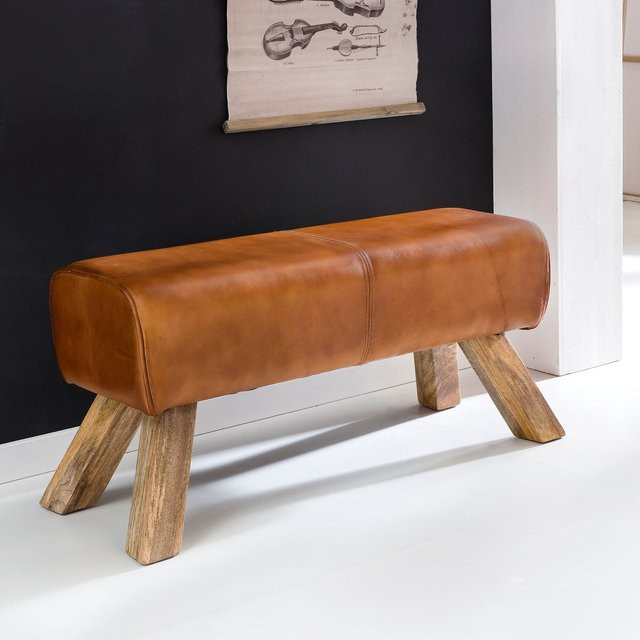 Finebuy Sitzbank Turnbock aus Echtleder und Mangoholz in Cognac Braun, B/H/T: 90 x 43 x 30 cm - Bild 1