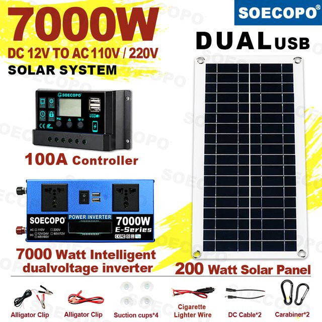 Soecopo Solarstromanlage Komplettset Off-Grid-System mit 200 W Panel und 100 A Controller für Heim- und Camping-Backup, Dual 12V/24V auf 110V/220V, 7000 W - Bild 1