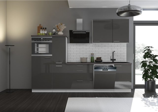 Küchenzeile Lara Einbauküche Singleküche modern in Grau/Weiß glänzend Breite: 280 cm - Bild 1