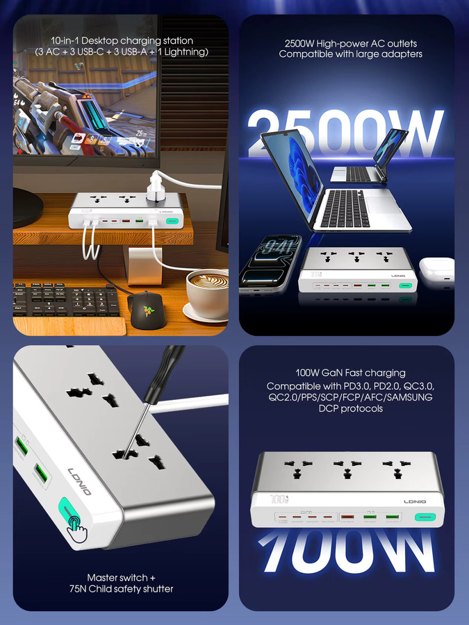 LDNIO 10-in-1 Desktop-Steckdosenleiste mit 100W Schnellladung, 3 AC-Steckdosen, USB-C und USB-A in Weiß - Bild 2