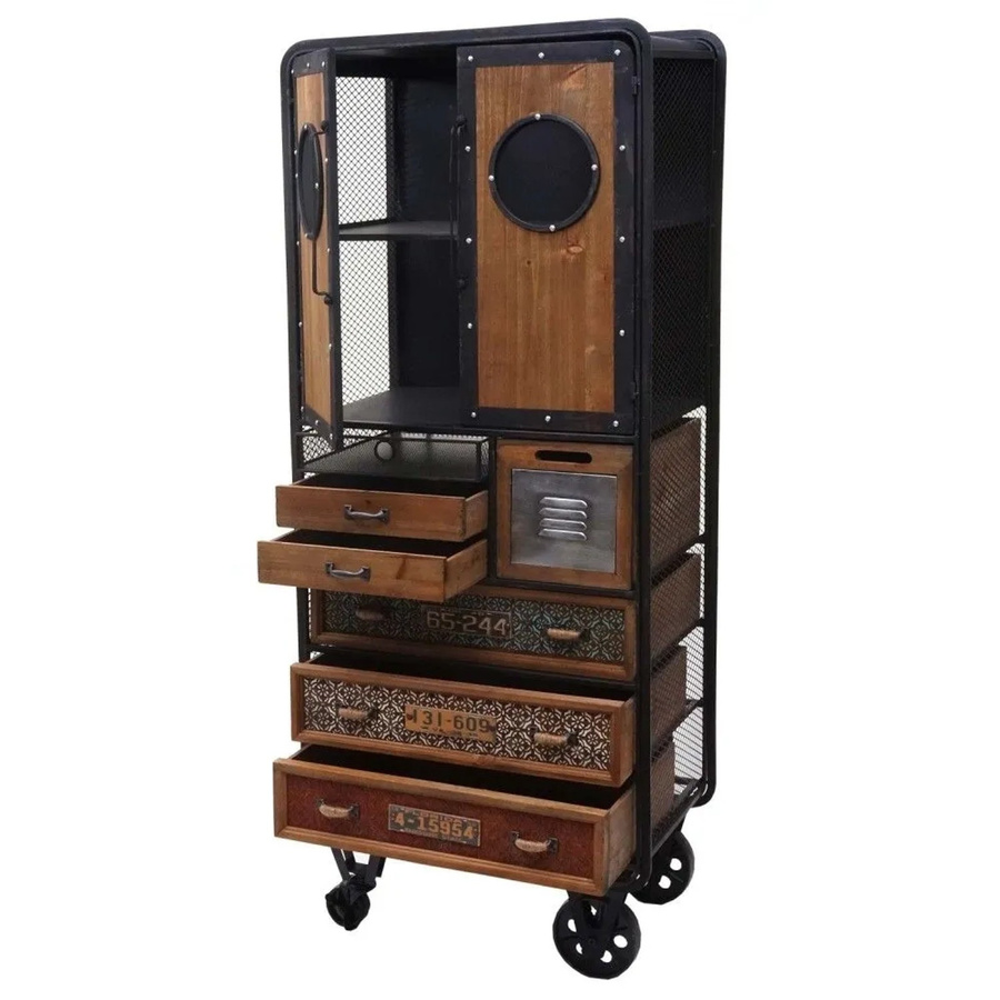 Apotheker-Schrank MCW-D78 als Rollwagen aus Tanne und Metall im Vintage Shabby-Look, Farbe Braun, H x B x T: 146 x 60 x 35 cm - Bild 2