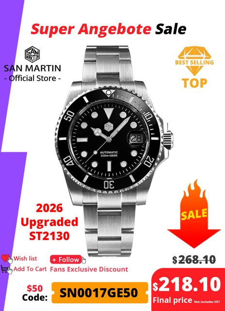 San Martin Taucheruhr, Automatik, Edelstahl, Schwarz, 40 mm, Herren - Bild 1