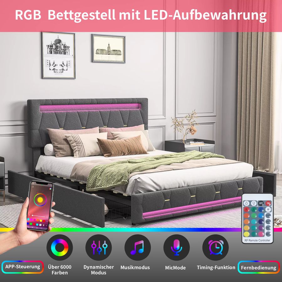 WOODENAURA Bett mit Stauraum, LED-Beleuchtung und Schubladen in Leinengrau, B/T/H: 140 x 200 cm - Bild 6