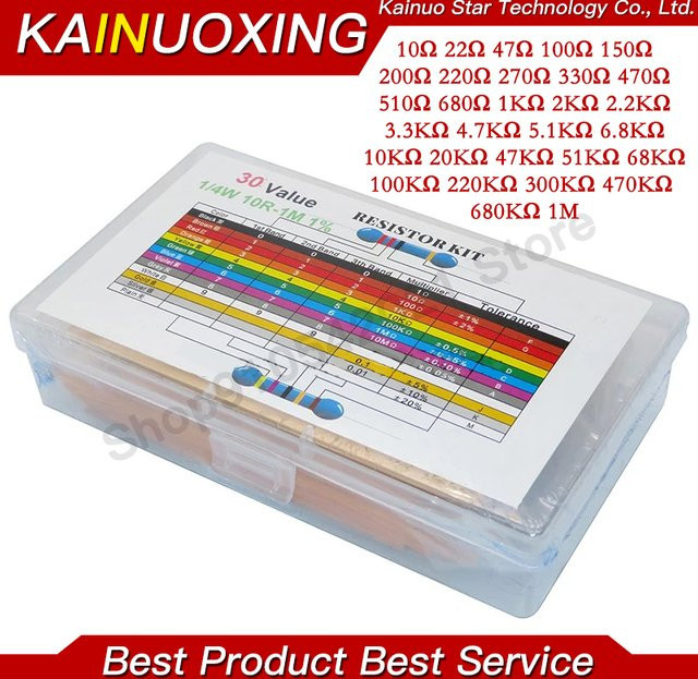 KAINUOXING Metallschichtwiderstands-Kit mit 30 Werten, 1 % Toleranz, 10 Ohm bis 1 MOhm, 600 Stück Set - Bild 1