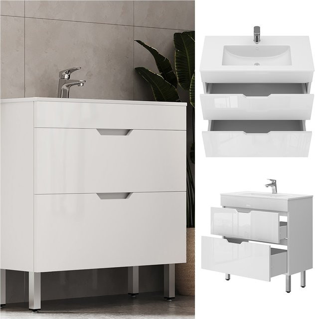 Vicco Badmöbel-Set Clayton Waschbecken mit Unterschrank in Weiß Hochglanz, Breite: 80 cm - Bild 1