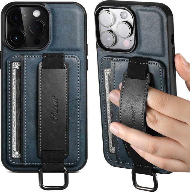 SUTENI Leder-Handyhülle mit Handgelenkriemen und Kartenfach für iPhone 16 Pro Max 15 Plus 14 13 Mini 12 Pro 11 X XS XR in Schwarz oder Blau - Bild 1