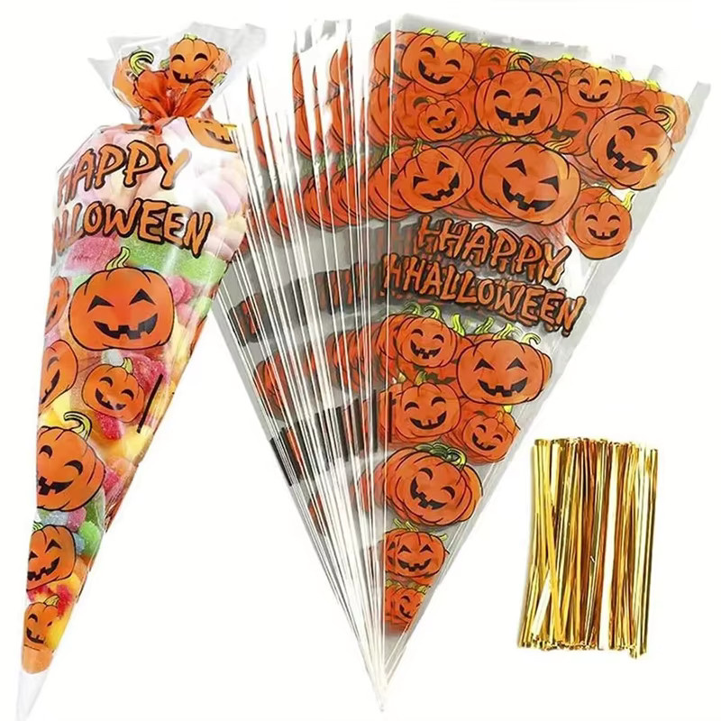 100 Stück Halloween Süßigkeitenbeutel im Kürbis-Stil von TMZ, dreieckige Kegeltüten aus Kunststoff für Geschenke und Lebensmittel - Bild 3