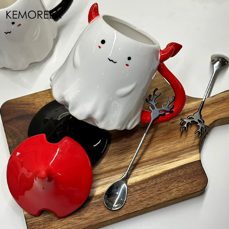 KEMORELA Keramik-Kaffeetasse mit Halloween-Motiv, Deckel und Löffel, 470 ml, Schwarz-Weiß - Bild 2