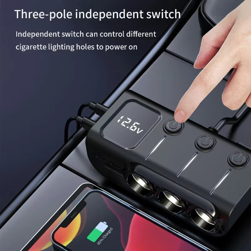 TCYATO Auto-Zigarettenanzünder-Adapter mit 3 USB-Buchsen inklusive USB-C, LED-Schnellladegerät für 12 V und 24 V, schwarz, ideal für iPhone, GPS und Dashcam - Bild 5