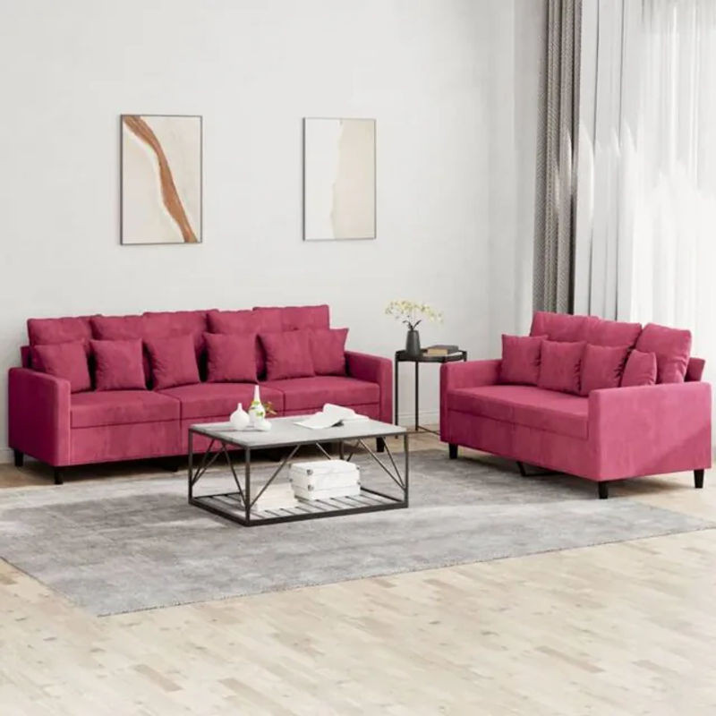 2-teilige moderne Sofagarnitur mit Kissen aus Samt in Rot von Vidaxl - Bild 1