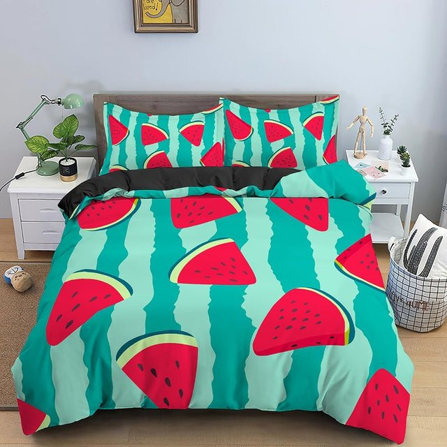 Binchi Fitness Bettwäsche-Set mit Wassermelonen-Motiv, 2-teilig aus Mikrofaser, Grün, B/H: 135 x 200 cm - Bild 1