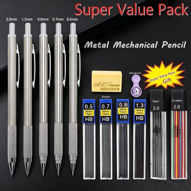 Hopk Vollmetall Druckbleistift-Set in Silber mit HB Graphitminen für Profis zum Zeichnen und Skizzieren - Bild 1