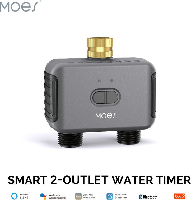 MOES Bluetooth Smart 2-Wege-Wasserventil in Grau mit programmierbarem Timer, Filter und automatischer Bewässerungssteuerung für deinen Gartensprinkler - Bild 1