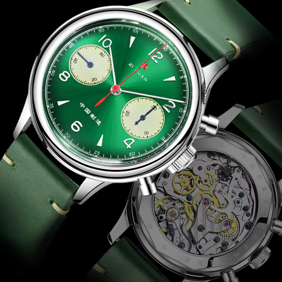 SEAKOSS Chronograph, Handaufzug, Edelstahl, 38 mm, Herren, Grün, Leder - Bild 3