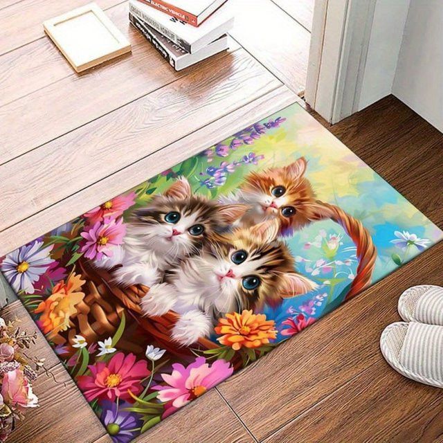 VIKAMA Druckteppich mit floralem Katzenmuster in Multicolor, rutschfeste dekorative Bodenmatte für Wohnzimmer, Schlafzimmer und Kinderspielbereiche - Bild 1