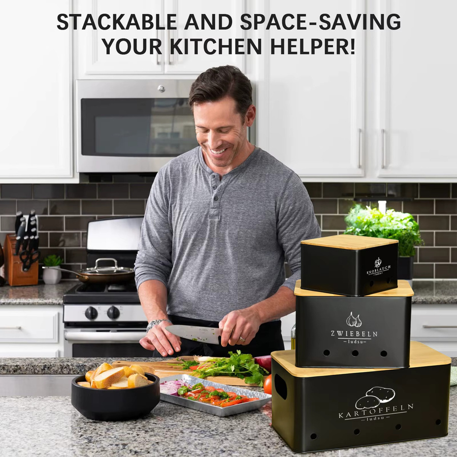 SAEIV 3-teiliges Metall-Kartoffelbox-Set mit Bambusdeckel in Schwarz oder Weiß, stapelbare Aufbewahrungsboxen für Kartoffeln, Zwiebeln und Knoblauch mit Lüftungslöchern - Bild 4
