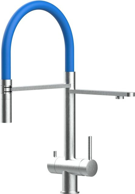 VIZIO Küchenarmatur aus Edelstahl in Blau und Silber mit 3-Wege-Funktion, 360 Grad schwenkbarem Auslauf und abnehmbarer 2-Strahl Handbrause, gebürstetes Edelstahl-Finish - Bild 1