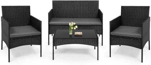 WOLTU Gartenmöbel Set für 4 Personen aus Metall und PE-Rattan mit Sicherheitsglas in Schwarz - Bild 1