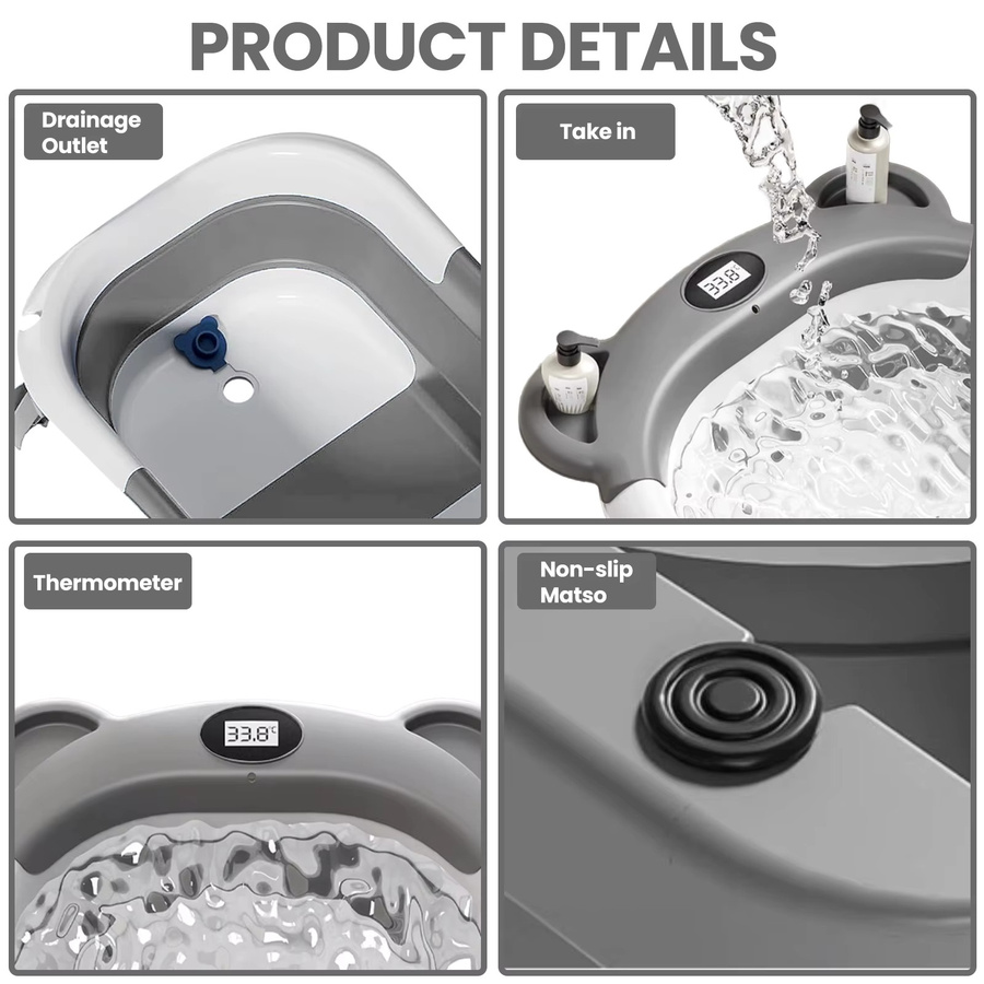 Tragbare zusammenklappbare Babybadewanne in Grau mit Thermometer, weichem schwimmendem Kissen und Abflussloch für Babys von 0–36 Monaten - Bild 3
