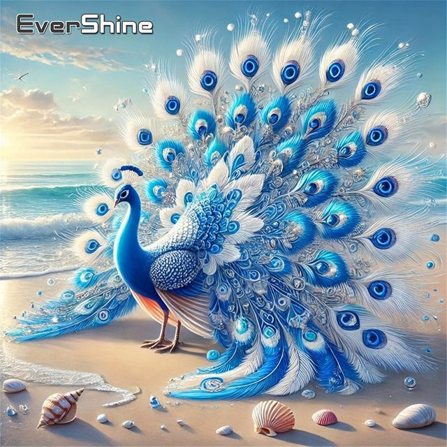 Evershine 5D-Diamant-Mosaik Pfau als Strass-Gemälde in Blau mit quadratischen Drillingen zur Stickerei als Heimdekoration - Bild 1