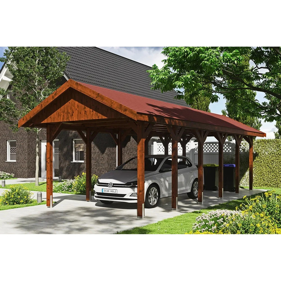 Skan Holz Carport Wallgau Satteldach aus Nadelholz in Nussbaum Braun, Breite: 380 cm, Tiefe: 900 cm, Höhe: 313 cm - Bild 2