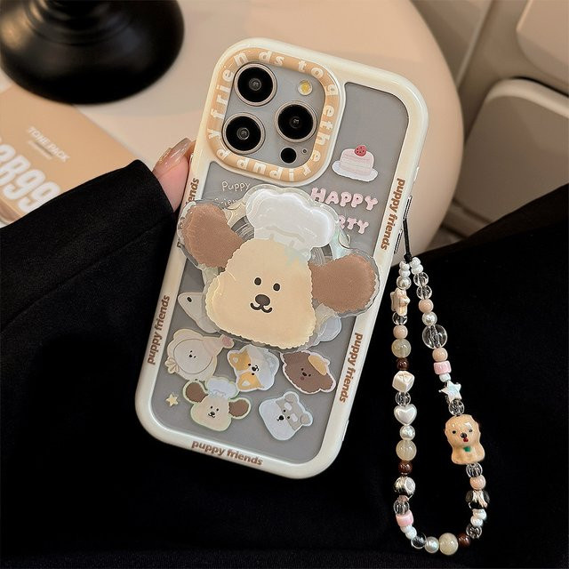 Potdemiel Handyhülle mit Koreanischem Cartoon-Welpen-Design für iPhone, transparente stoßfeste Hartschale mit magnetischer Halterung und Kette - Bild 1