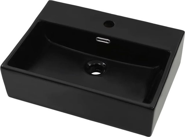 vidaXL Waschbecken aus glasierter Keramik mit Hahnloch, Schwarz, B/T/H: 51,5 x 38,5 x 15 cm - Bild 1
