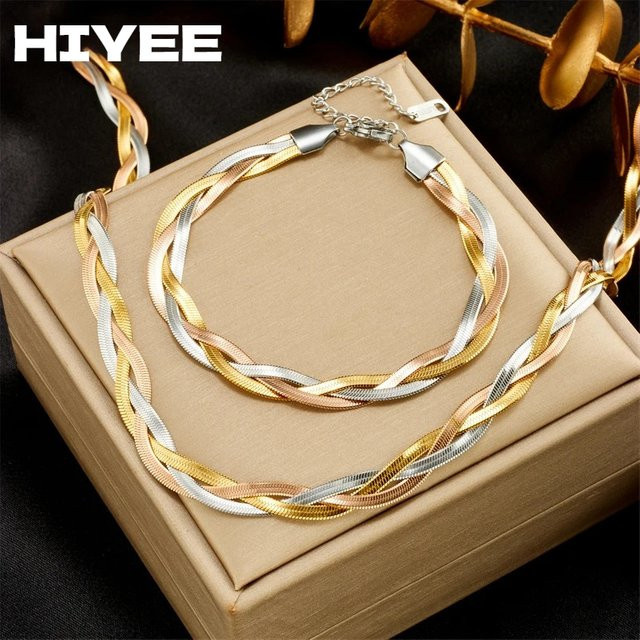 HIYEE Schmuck-Set, 3in1 Crossover Schlange Chais Halskette Armbänder, Edelstahl, Bicolor, Damen - Bild 1