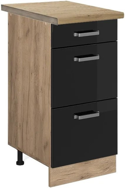 Vicco Küchenunterschrank R-Line Schwarz Hochglanz und Goldkraft Eiche mit Schubladen B: 40 cm, H: 81,6 cm, T: 60 cm - Bild 1