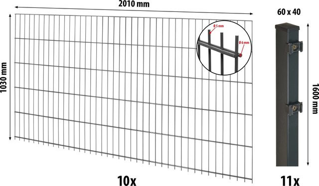 Floraworld Doppelstabmatten-Zaunset mit Pfosten aus Stahl in Anthrazit, Höhe: 200 cm, Breite: 103 cm - Bild 1