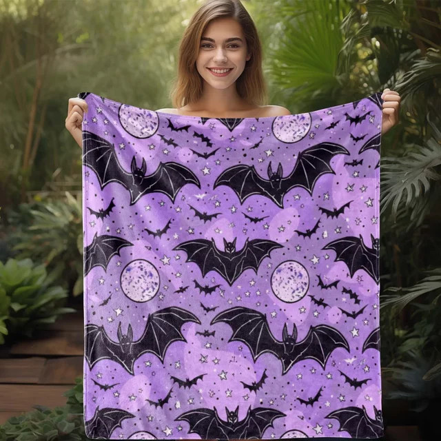 Sdoo Halloween Flanelldecke Lila mit Vampirschläger und Gothic-Sternen-Print als weicher Überwurf - Bild 1