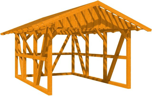 Skan Holz Carport Schwarzwald aus Fichtenholz mit Satteldach, Dachlattung und Rückwand in Eiche Hell, B/T: 424 x 600 cm - Bild 1