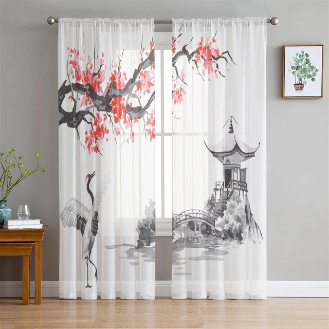 Yiran Furniture Transparente Tüll-Vorhänge im chinesischen Stil mit Pflaumenblüten-Vogel Motiv aus Organza, Weiß, B: 65 cm, H: 230 cm, 2 Stück - Bild 1