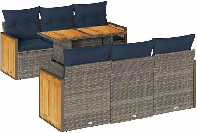 vidaXL 7-teilige Garten-Sofagarnitur aus Poly-Rattan und Akazienholz in Grau mit Kissen - Bild 1
