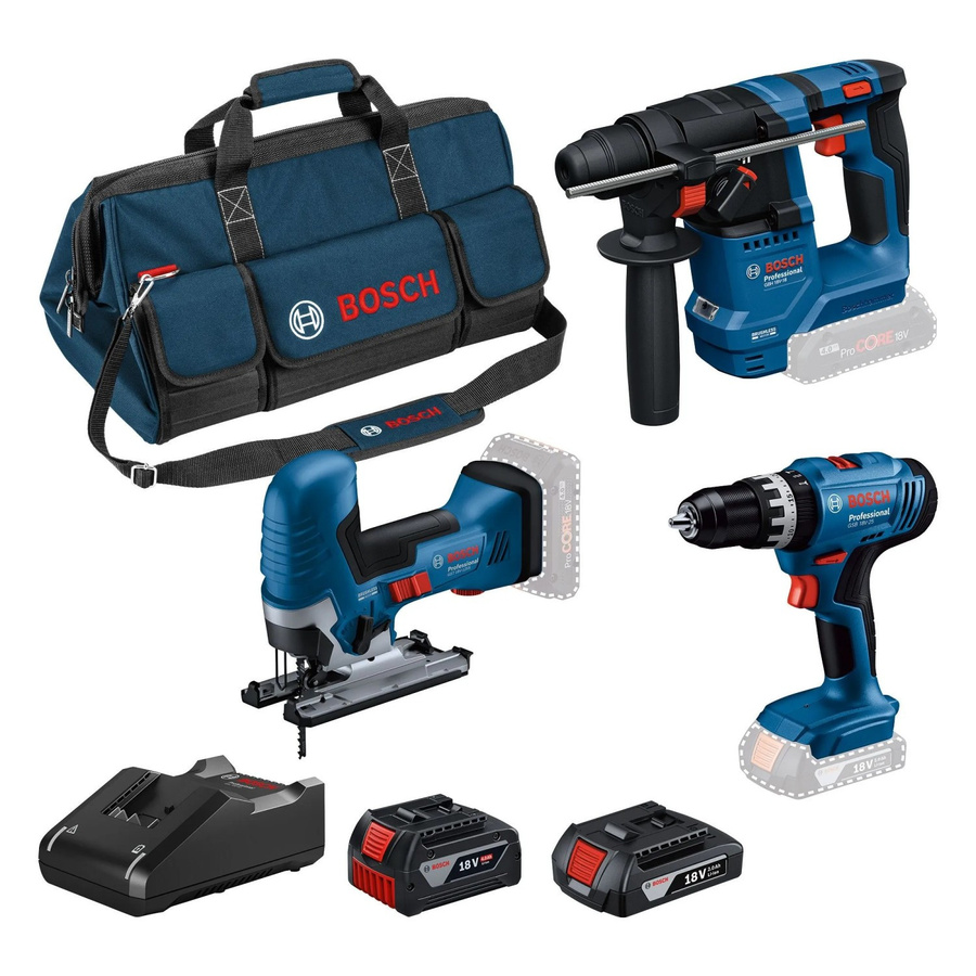 Bosch Professional Akku-Geräte Set 18V mit GSB Schlagbohrschrauber, GST Stichsäge, GBH Bohrhammer, 2 Akkus und Ladegerät in Blau - Bild 2