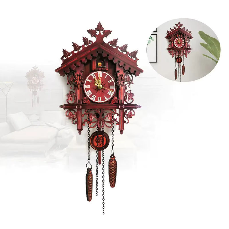 Vintage Kuckucksuhr aus Holz mit Pendel in Braun und Rot, analoge Wanduhr im antiken Design - Bild 6